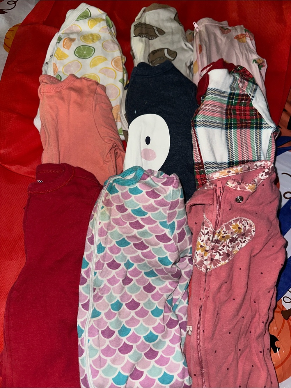 Lot of 9 Mixed brand Baby Sleepers Bundle - Pink, Coral, Navy, Plaid & Printed
